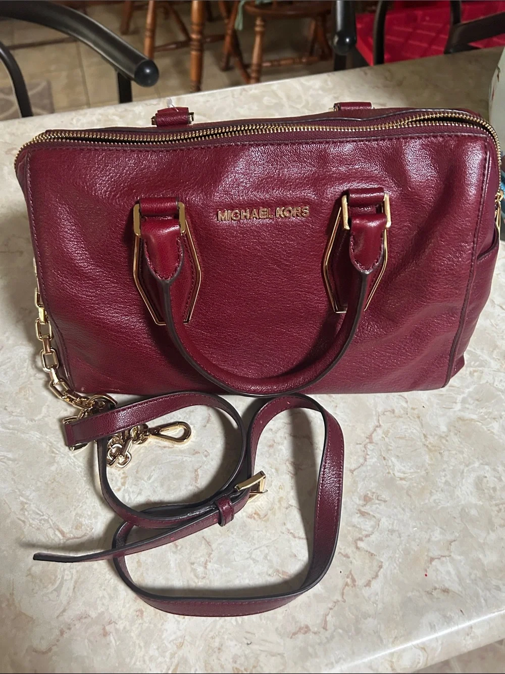 MICHAEL Michael Kors Burgundy Leather Satchel with Gold Hardware